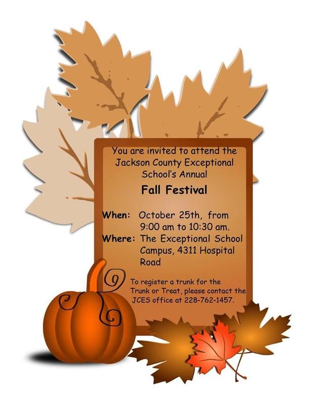 Join us at the Jackson County Exceptional School 9-10:30 a.m. , Friday, Oct. 25, 2019, for the annual Fall Festival and Trunk or Treat!