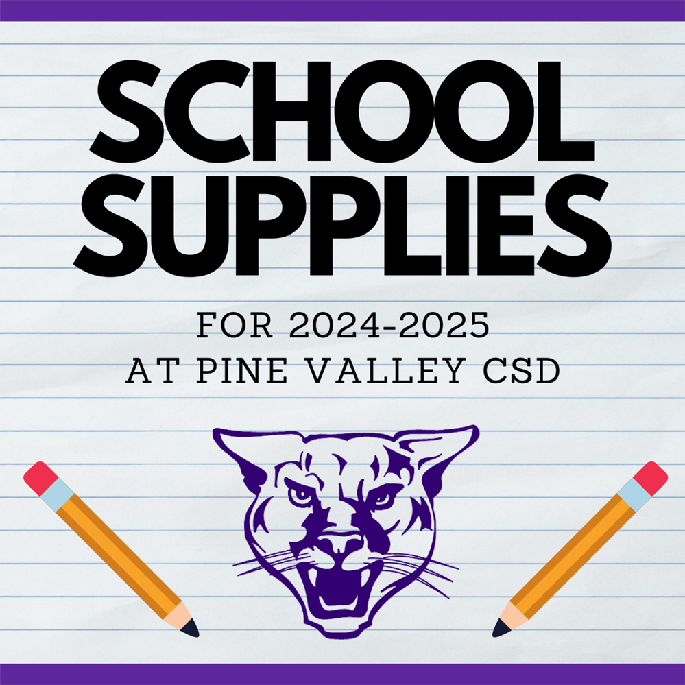  School Supplies for 2024-2025 at Pine Valley CSD with pencils and panther logo