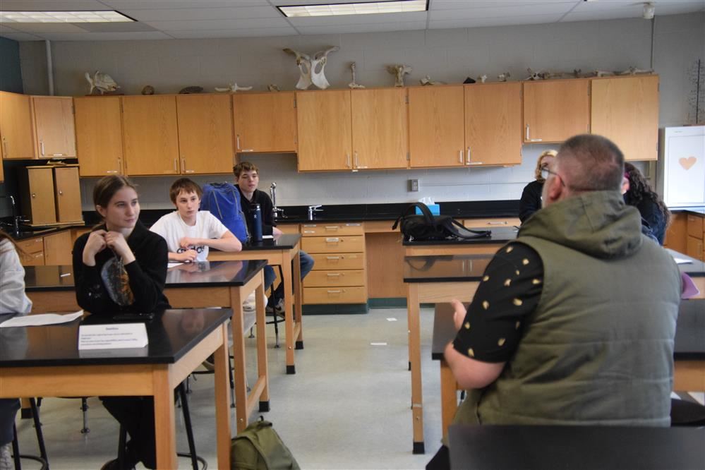  Students listen as a pharmacist discusses his job at Career Day 2025 at Pine Valley Jr./Sr. High.