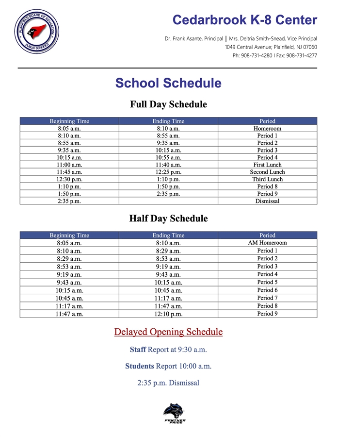 School Schedule 2021-2022