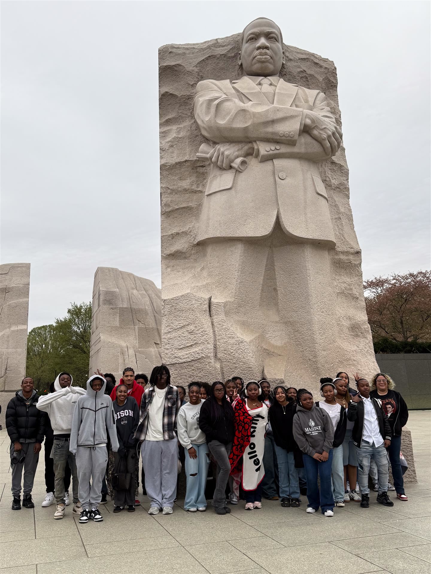 Students pose together at the Martin Luther King, Jr. Memorial, one of several sites they visited.