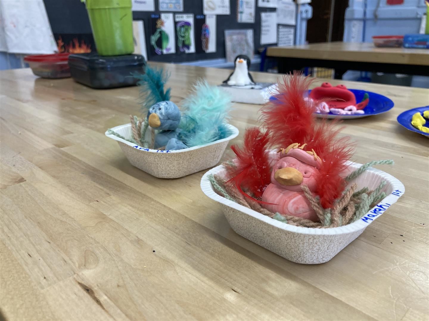 Children art projects of birds, penguins and fish