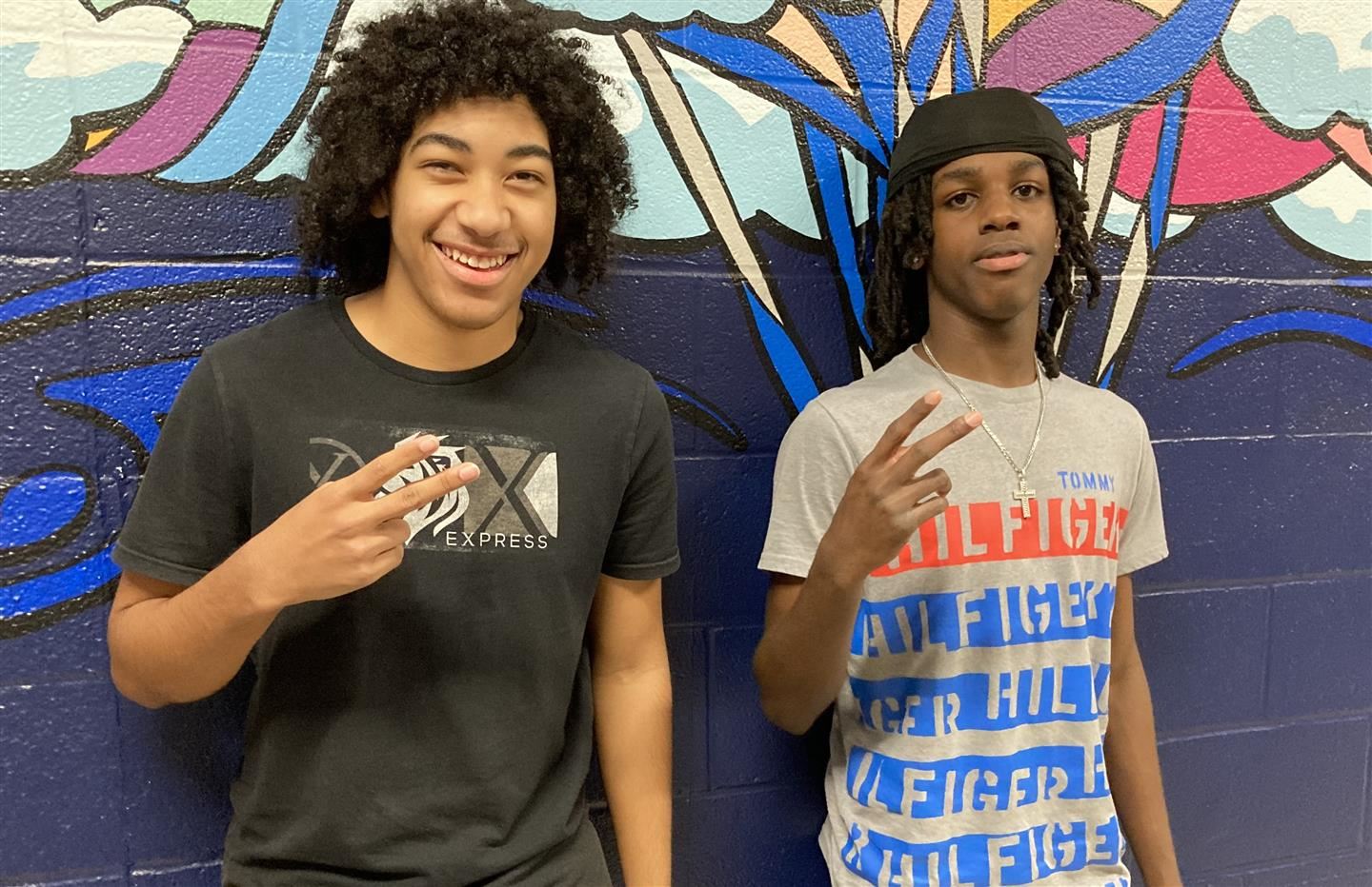  From left, Isaiah Williams and Tyrese Smalls pose during a practice inside Poughkeepsie High School