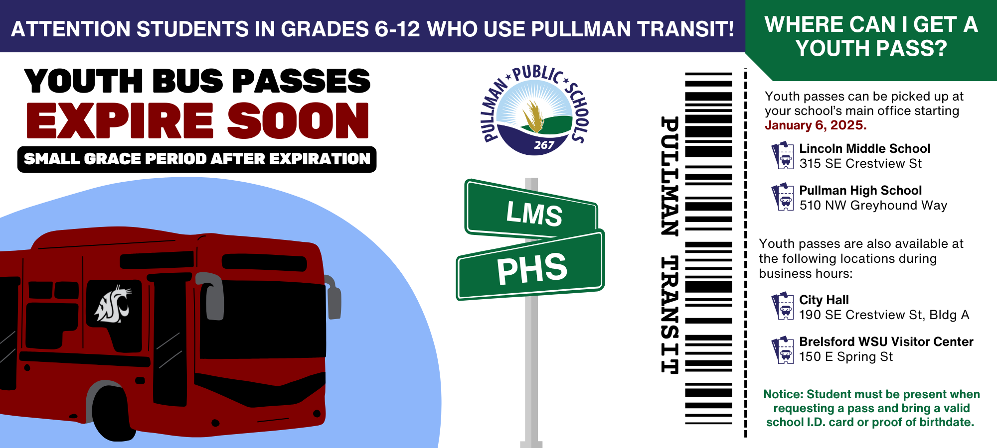 Transit passes expire soon. Get yours at your main office starting January 6!