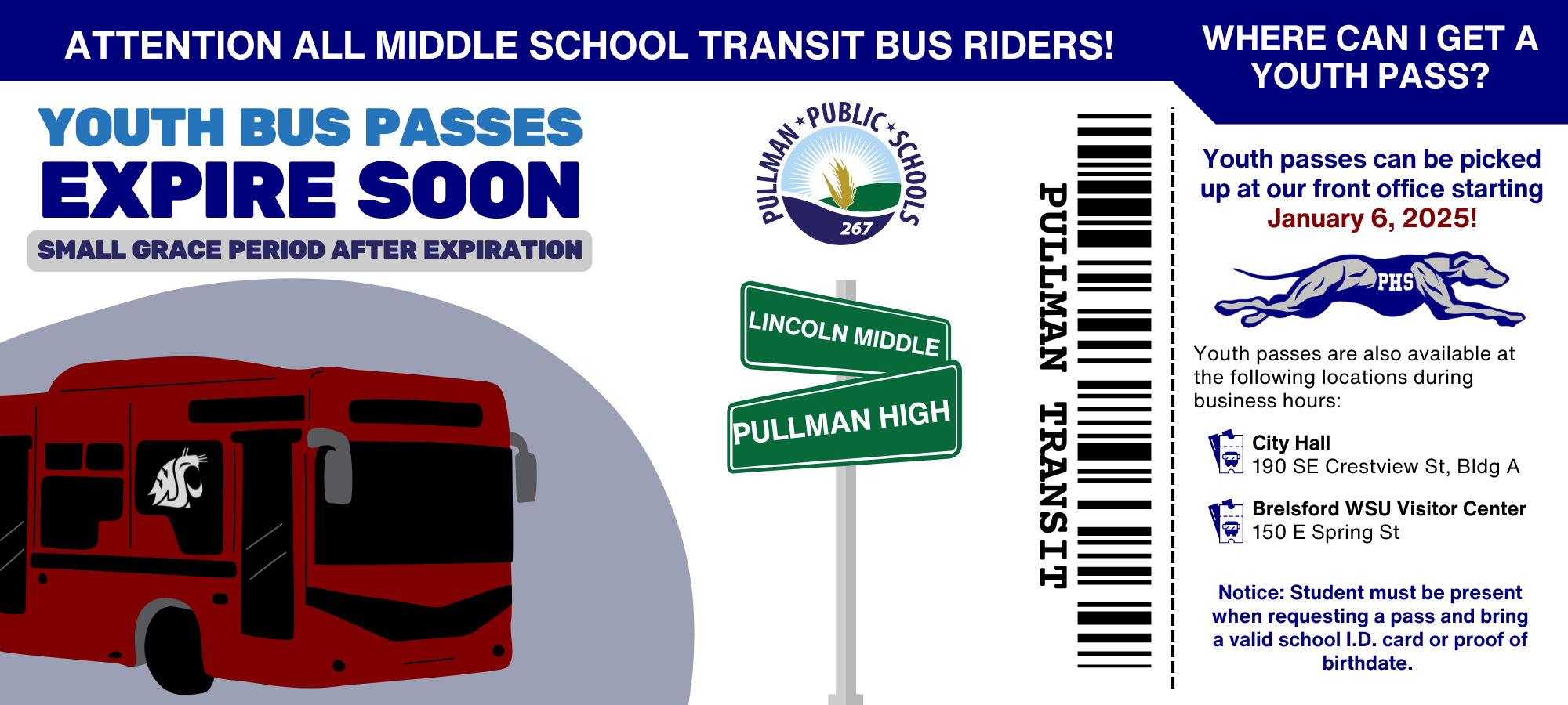 Transit passes expire soon. Get yours at your main office starting January 6!