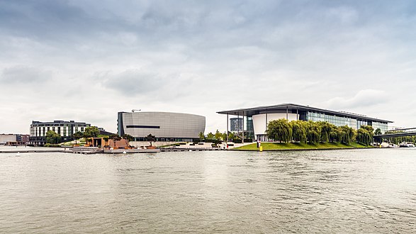 Autostadt Wolfsburg seen from Mittellandkanal. The Autostadt is a museum and amusement park of Volkswagen AG in Wolfsburg, close to the Volkswagen factory.