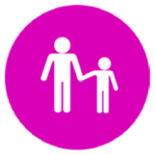 Icon indicating reunification magenta circle with a child holding the hand of an adult
