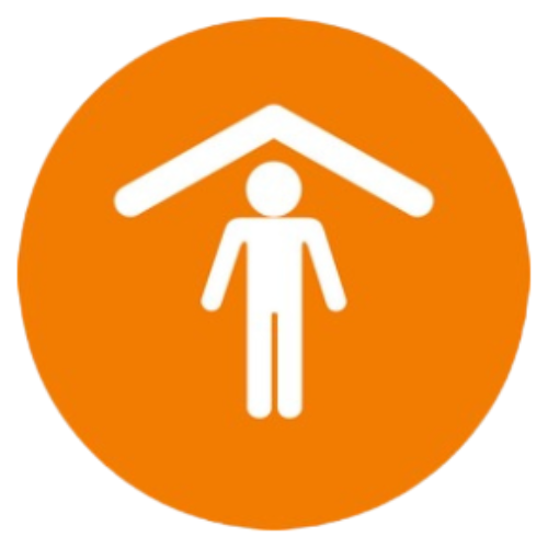 Icon indicating shelter orange circle with 1 person under a roof