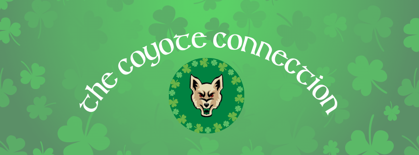 green background with shamrocks, The Coyote Connection, coyote mascot with green shamrock round frame
