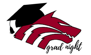 Red Wolf logo wearing black graduation cap. Words in script underneath "grad night"