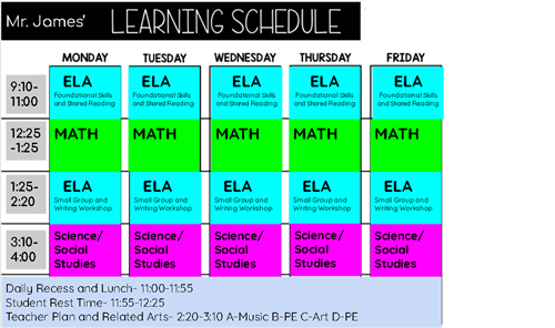 Mr. James' Classroom Schedule