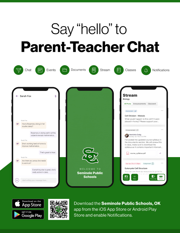 Say hello to Parent-Teacher chat in the new Rooms app. Download the Seminole Public Schools app in the Google Play or Apple App store