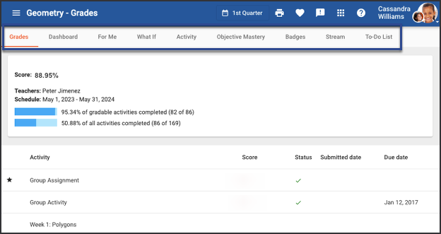 View progress details for each course