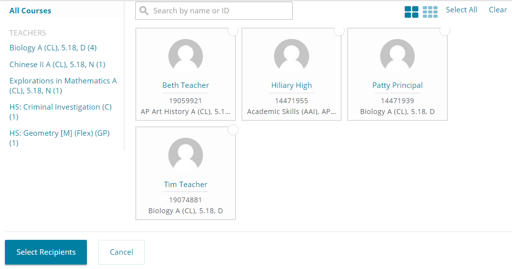 Full student screen displays, with options to select from a list of the student's teachers to receive the WebMail message.