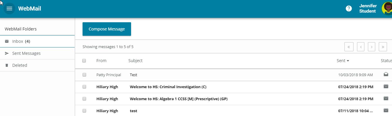 This image shows the WebMail inbox.