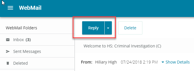 This image displays an inbox with the Reply button highlighted.