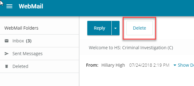 This image displays an inbox with the delete button highlighted.