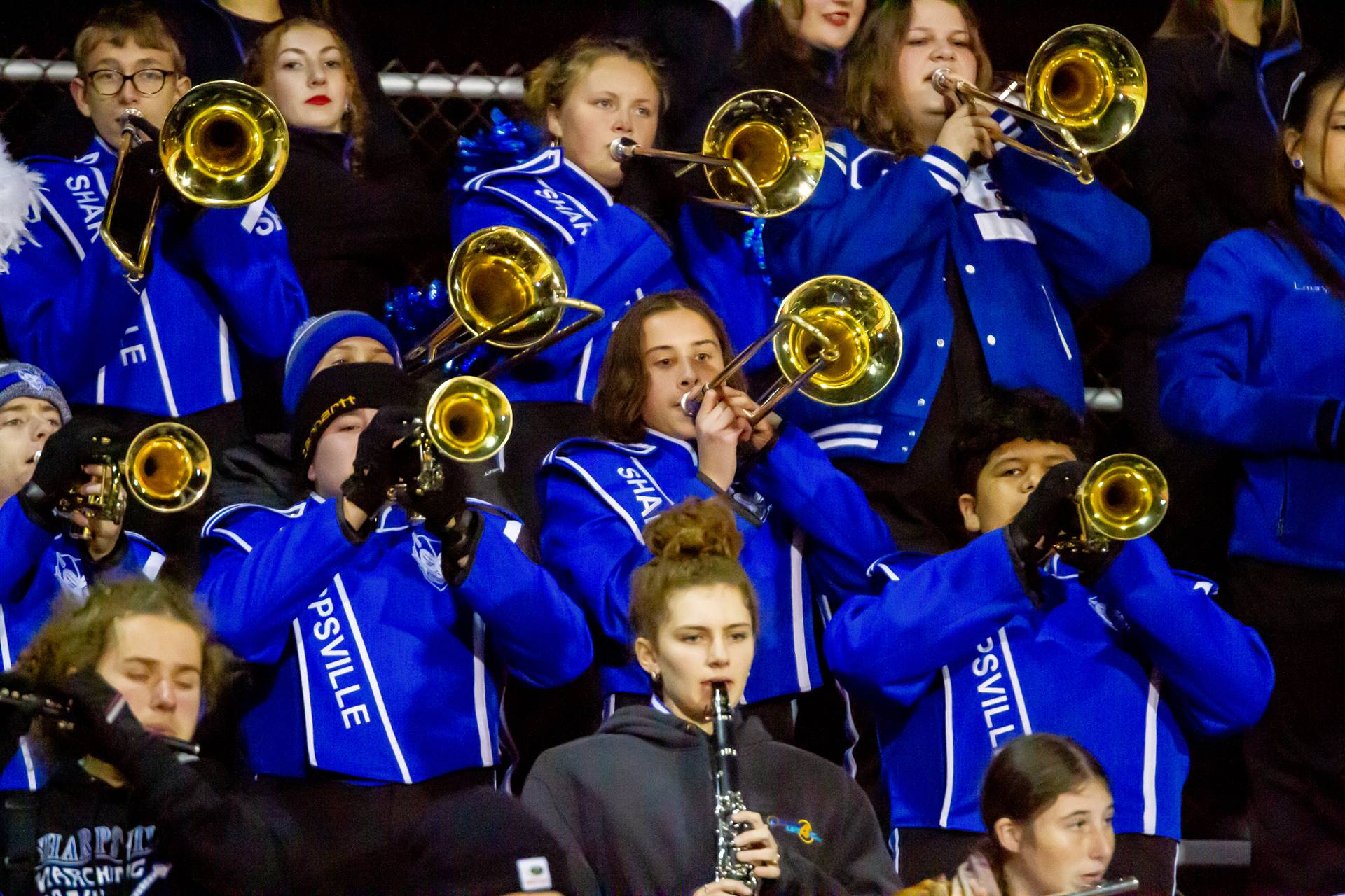 The Sharpsville Blue Devil marching band plays
