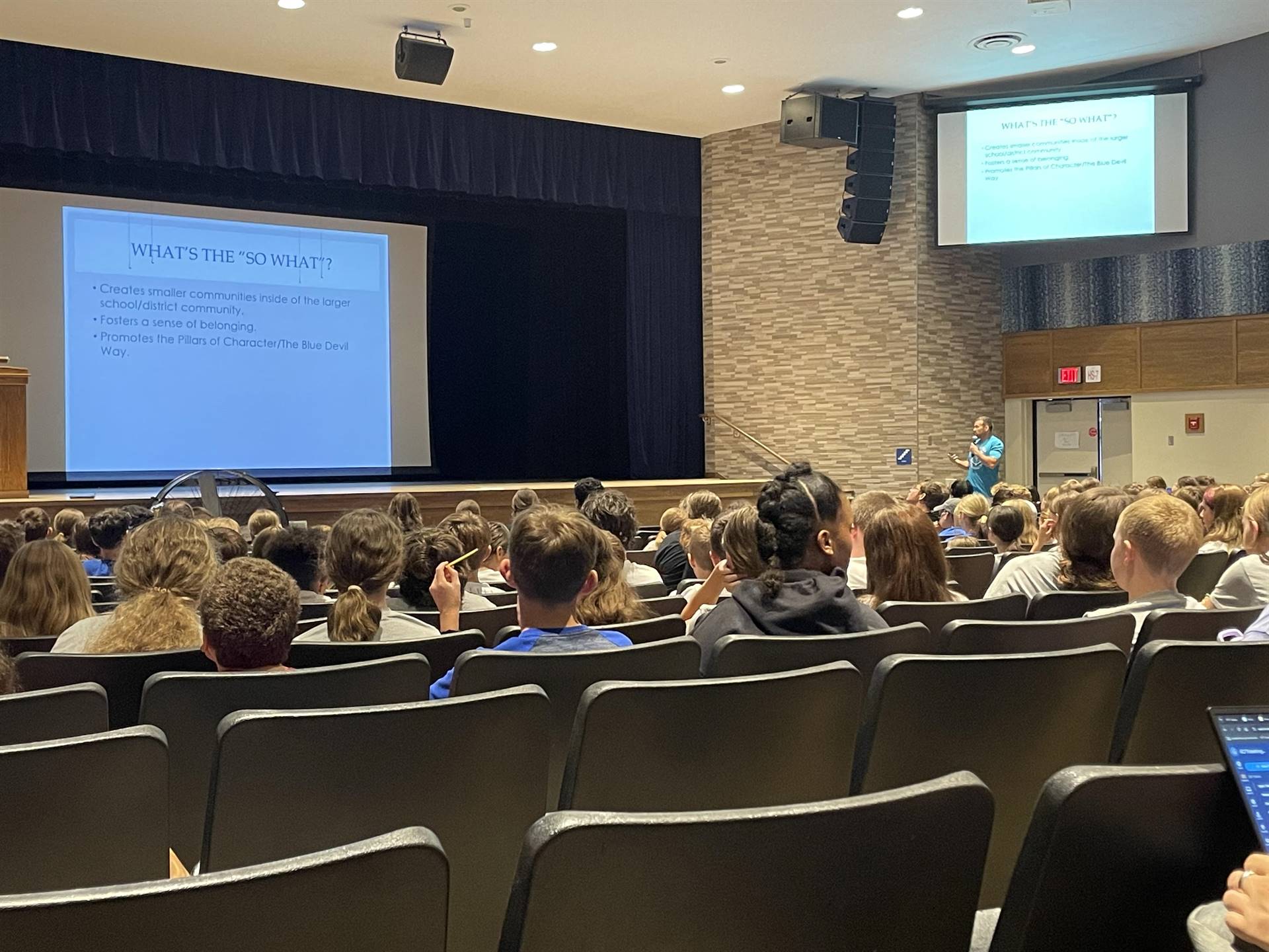 Principal Fry speaks to the entire middle school student body during the 2024 house roll-out