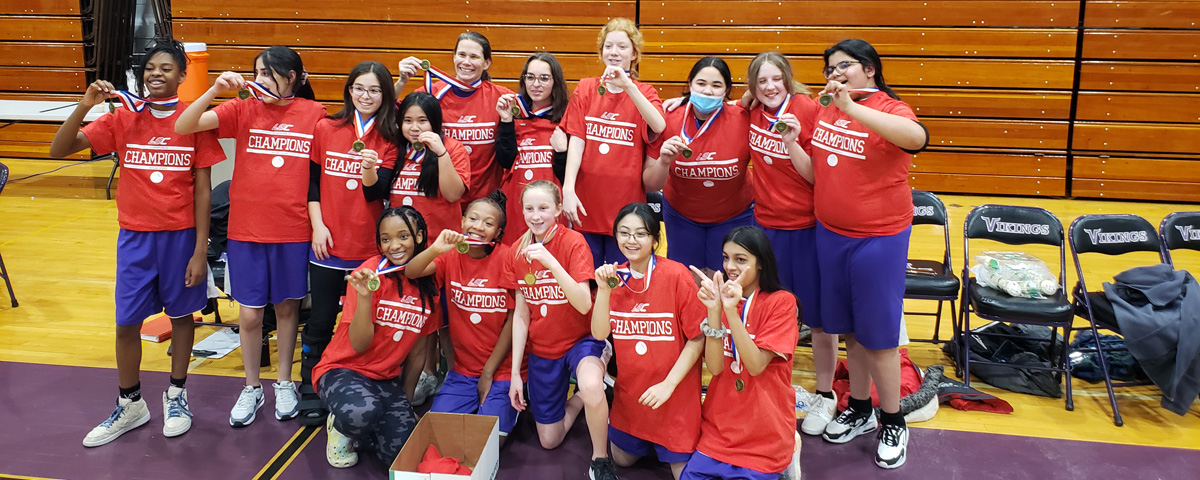 McCracken Girls Volleyball Little 9 champs with their coach, Mrs. Simon