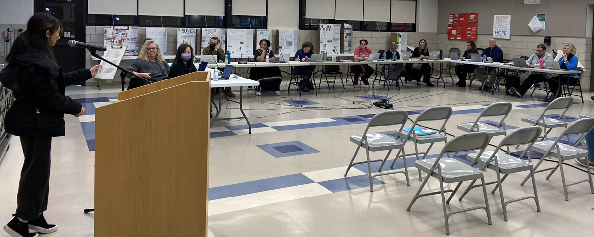 McCracken student reads the Land Acknowledgement Statement at a Board of Education meeting