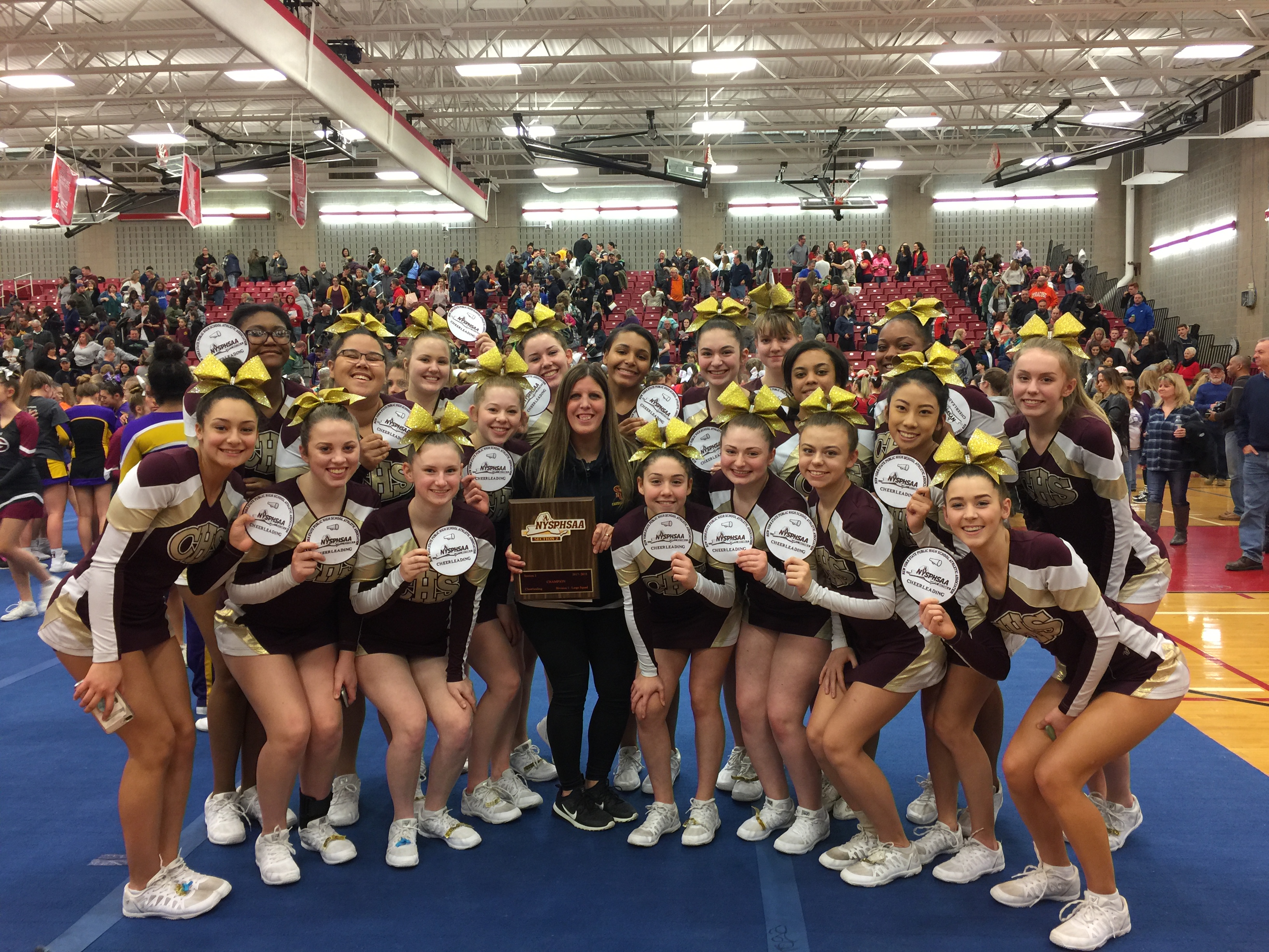 large group of high school cheerleaders