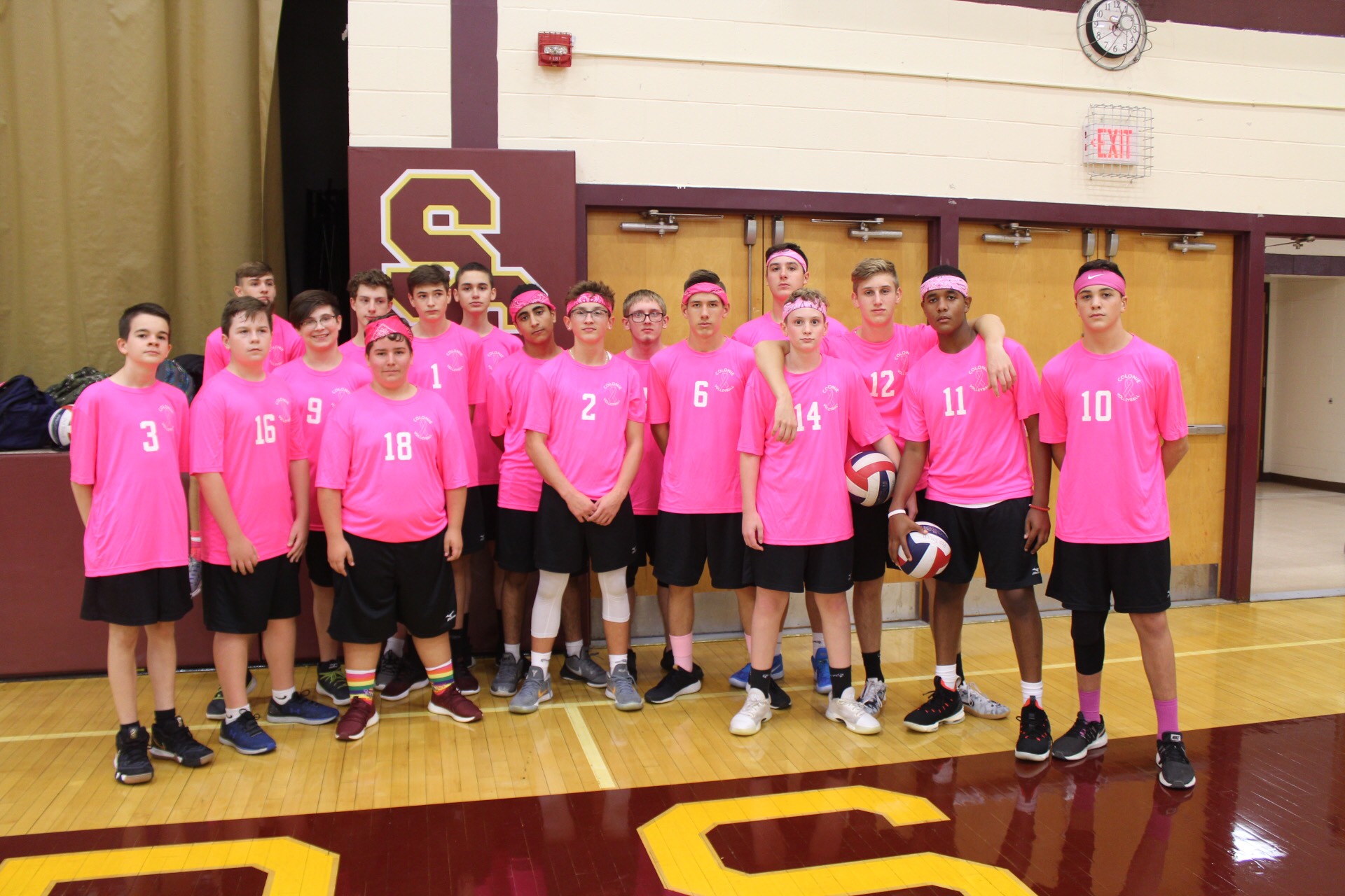 group photo of volleyball players in pink T shirts