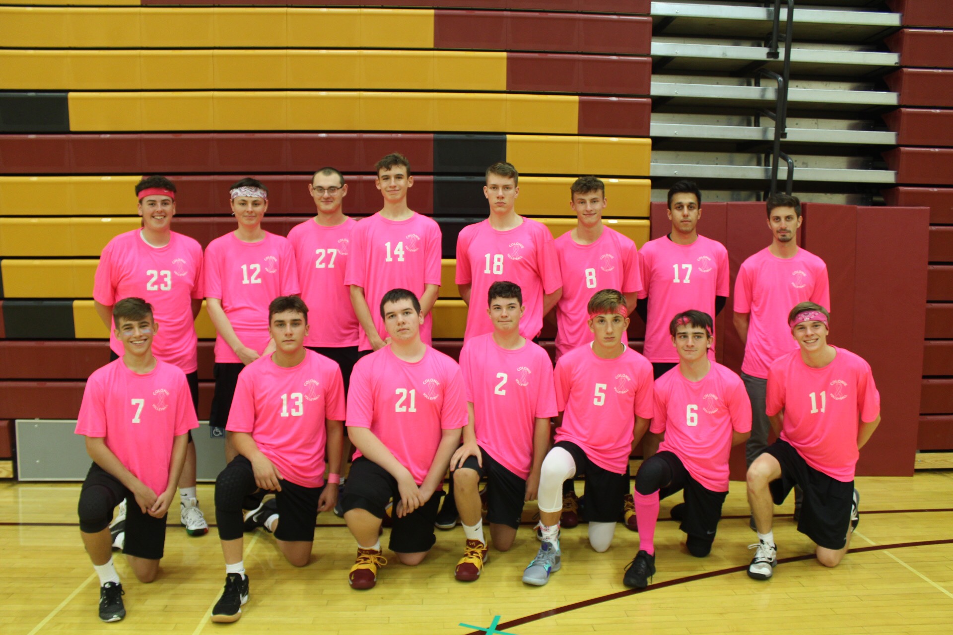 group photo of volleyball players in pink T shirts