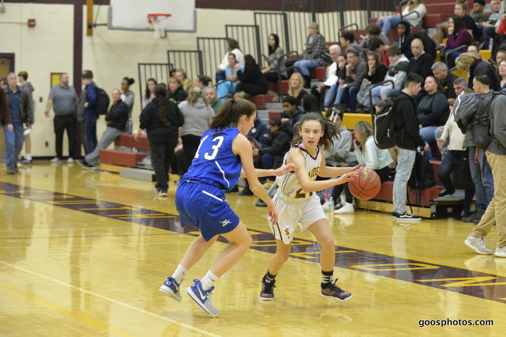 girl dribbles a basketball vs a defender