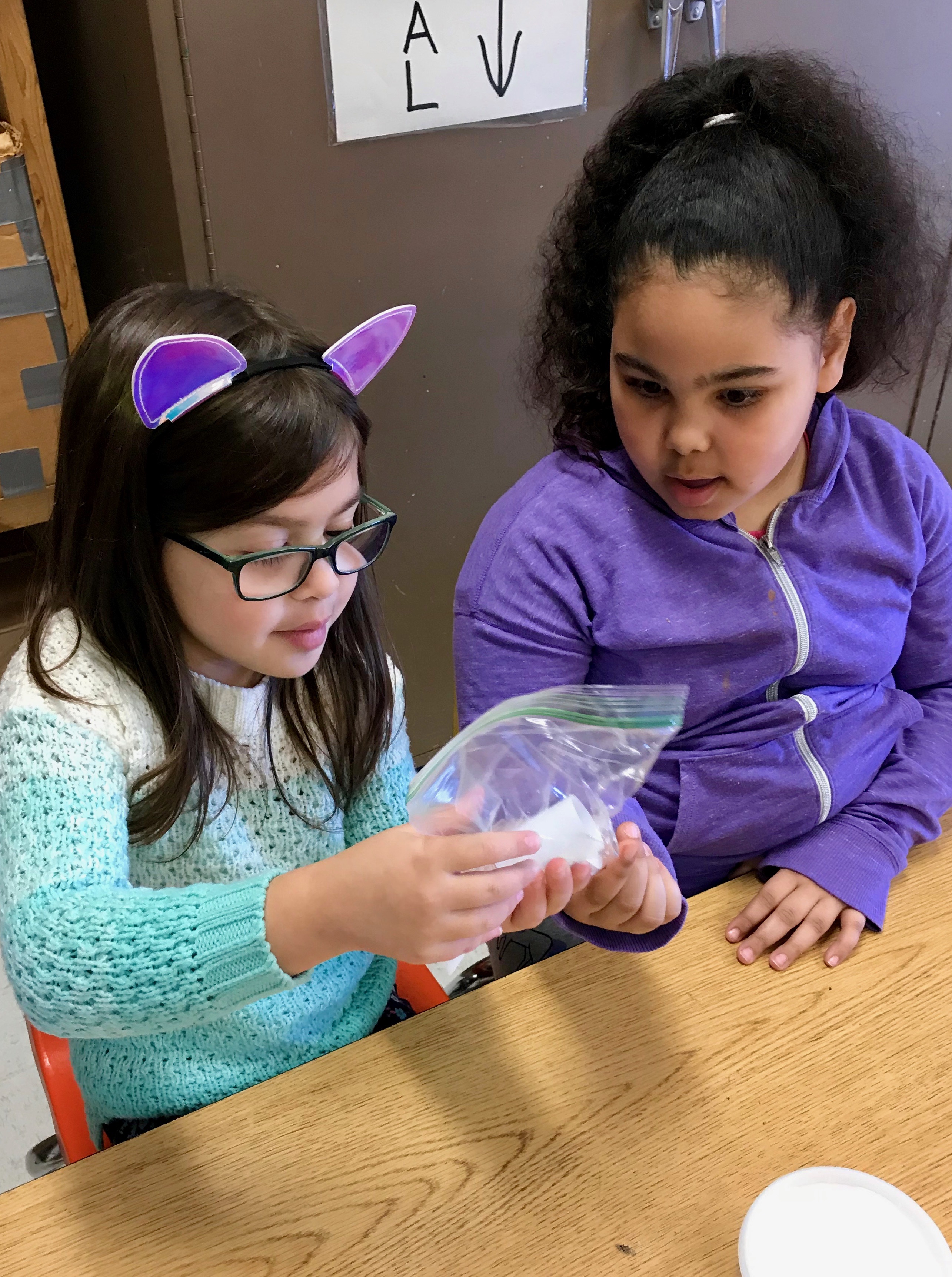 two girls work on a project at their desk