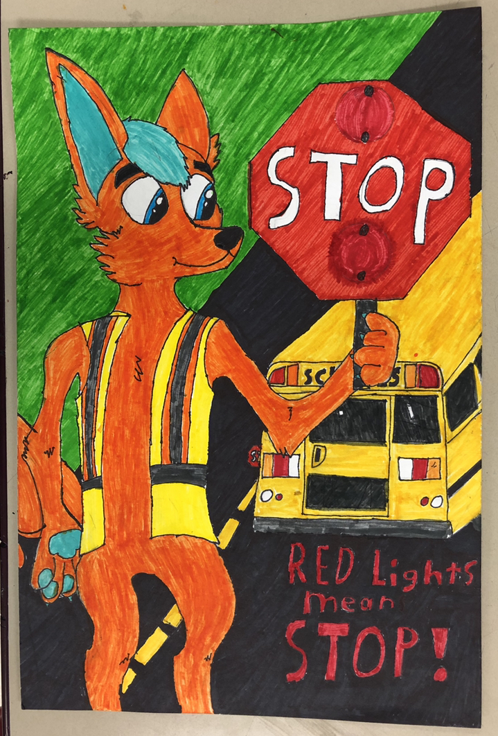 cartoon poster of a fox holding a stop sign