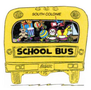 cartoon bus logo of back of school bus filled with toys