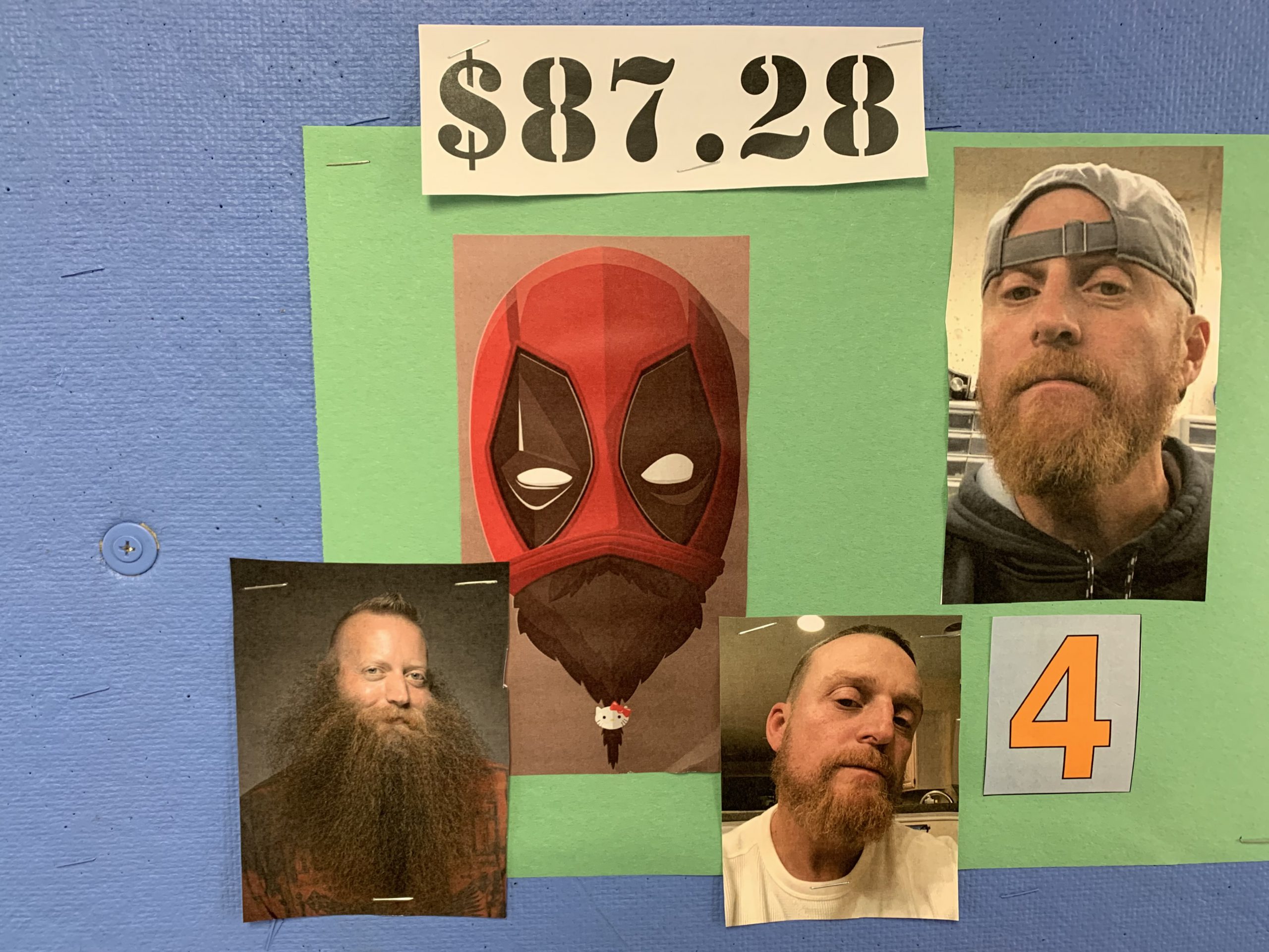 bulletin board with pictures of man growing a beard