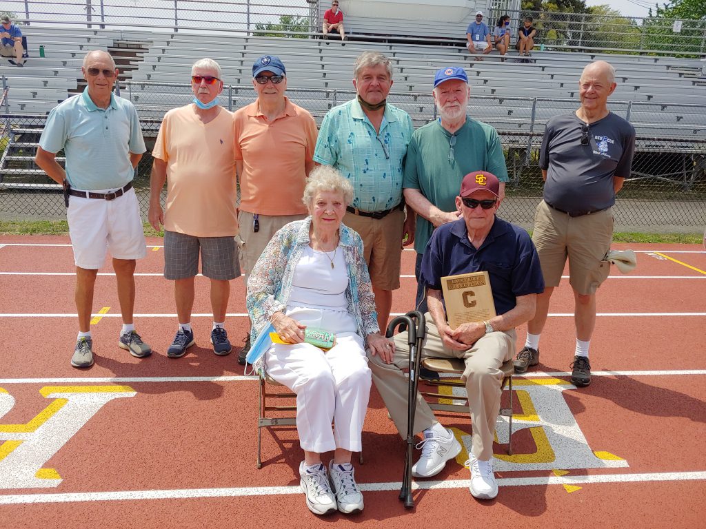 Participants from the first Colonie Relays: Seated: Ruth and Harry Koch
Standing: Paul Gansle, Bill Haas, Jeff Green, Brian Casey, Tom Frowein, Brian Fitzpatrick