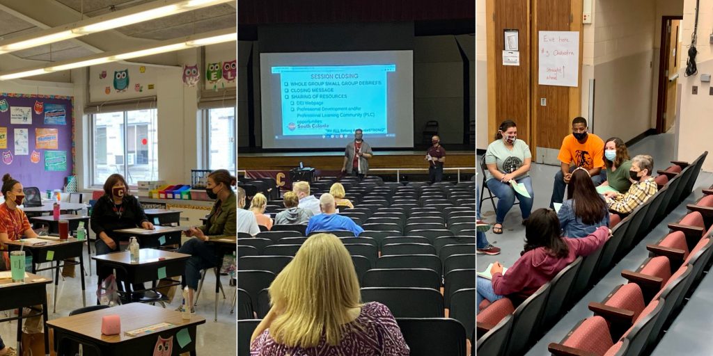 a collage of three images of staff working in small groups in the school setting.