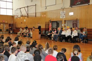 Lisha Kill Middle School Principal addresses attendees during the Memorial Day event on Thursday, May 26.