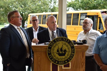 South Colonie Transportation Director Peter Tunny addresses the public during a press event with Albany County announcing the implementation of Stop Arm cameras on South Colonie School Buses.