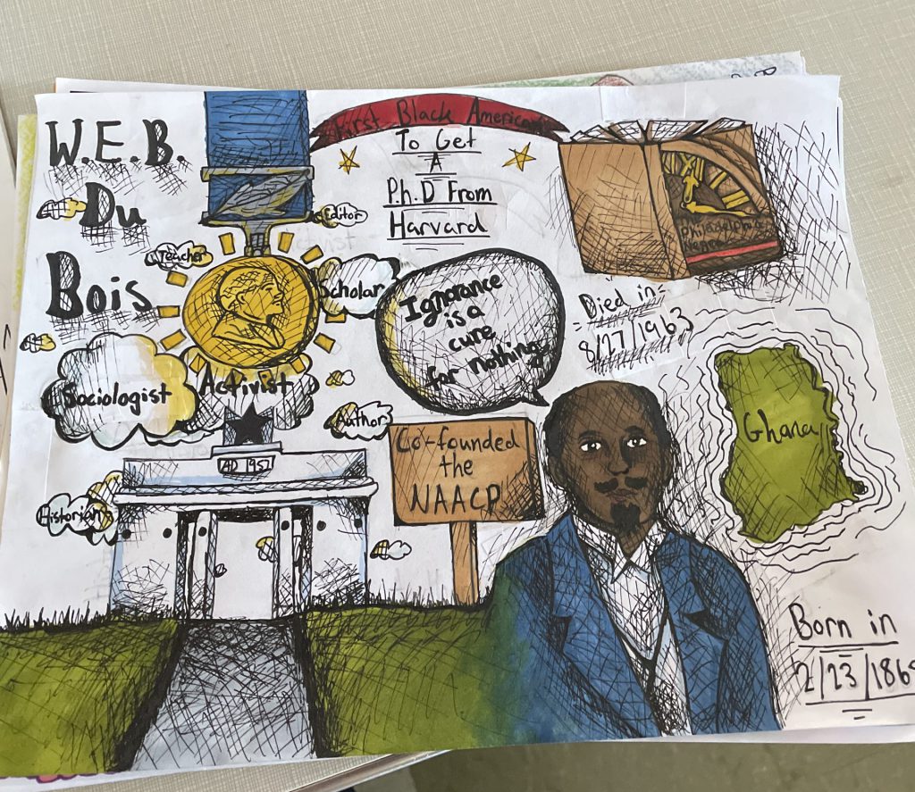 one page report with drawings and facts about activist William Edward Burghardt Du Bois