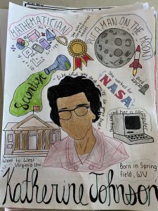 One pager report with drawings and facts Katherine Johnson the first  African-American women to work as a NASA scientist