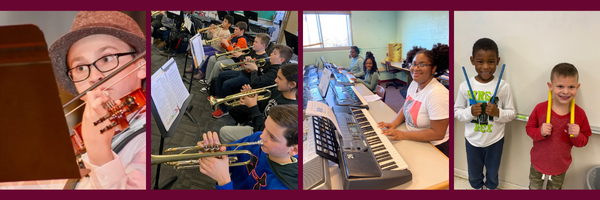 four individual photos in one graphic showcasing a variety of musical instruaments and students playing them. 