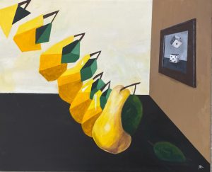 a picture of a piece of fruit duplicxated in a room with a painting hanging on the wall. 