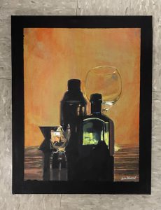 a painting with bottles and a wine glass.