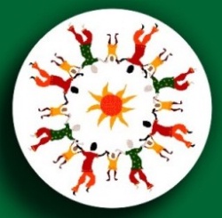 People holding hands in a circle around a sun People holding hands in a circle around a sun