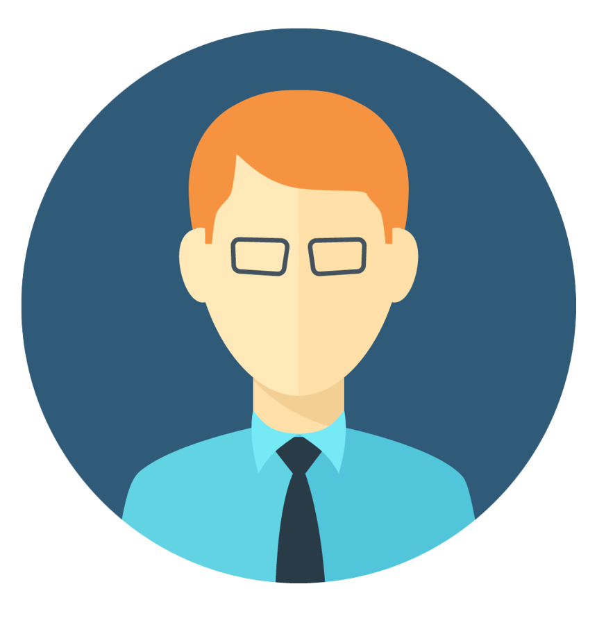 Circle containing image of a man with glasses.