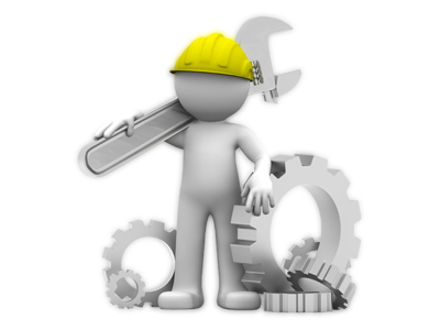 Clay-like figure of a man with a yellow hard hat on holding a wrench. Gears are laying on the floor around him.