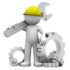 Clay-like figure of a man with a yellow hard hat on holding a wrench. Gears are laying on the floor around him.
