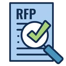 Paper and magnifying glass with a checkmark. Paper says 'RFP'.
