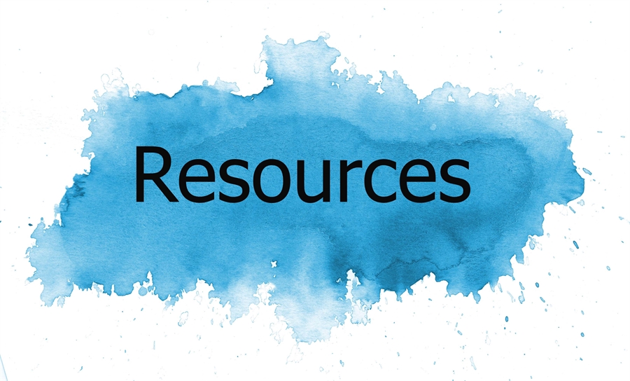 Blue watercolor mark with the title 'Resources'.