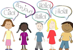 Image of five (5) students of different ethnicities with thought bubbles above each of their heads. From left to right, the thought bubbles read "Ciao!", "Bonjour!", "Hallo!", "Hello!", and "Hola!". Each meaning 'hello' in a different language. Image of five (5) students of different ethnicities with thought bubbles above each of their heads. From left to right, the thought bubbles read "Ciao!", "Bonjour!", "Hallo!", "Hello!", and "Hola!". Each meaning 'hello' in a different language.