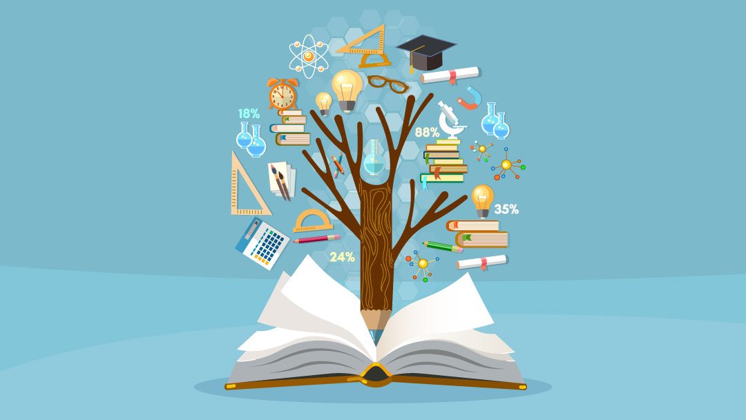 Book laying open with a tree coming out of it. The trunk of the tree is a sharpened pencil and the leaves are lightbulbs, calculators, protractors, etc.